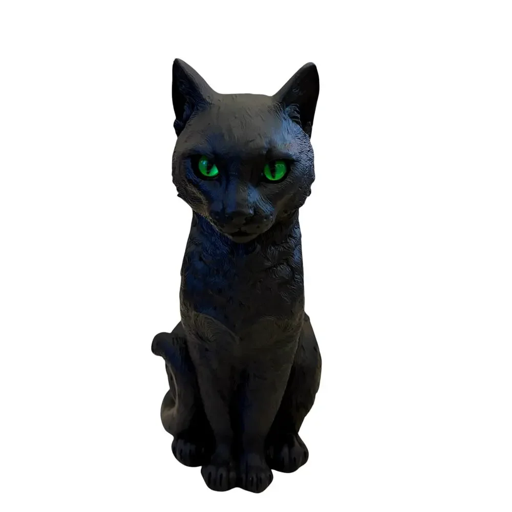Gothic Black Cat Figurine w/ Piercing Green Eyes 13in Spooky Halloween Decor NEW